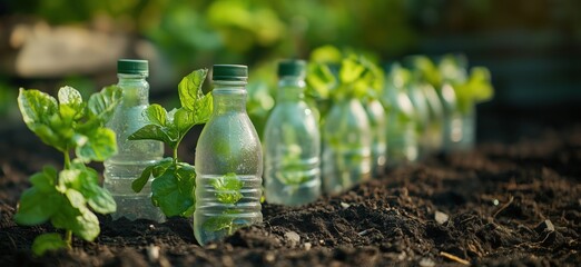 Sustainable gardening with recycled plastic bottles and healthy mint plants