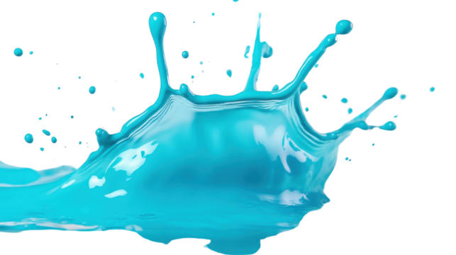 Vibrant blue liquid splashing with droplets, isolated on a white background.