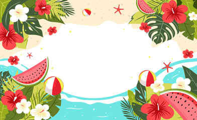 colorful summer sale banner featuring tropical leaves, flowers, watermelon slices, beach balls,summer background