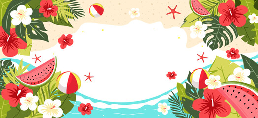 summer sale banner featuring tropical leaves, flowers, watermelon slices, beach balls