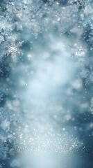 Fototapeta premium Elegant winter background with snowflakes and frosty textures, icy blue and white tones, soft glow and bokeh, peaceful magical scene with copy space