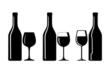 Silhouette of three wine bottles and three wine glasses on white  isolated on transparent background, no background