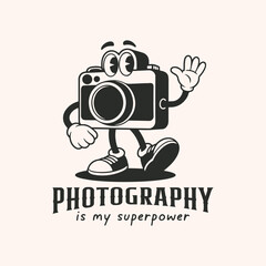 Photography is my superpower, retro cartoon camera character t shirt design