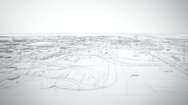 Overview of a detailed wireframe city layout with roads, buildings, and landscape features in an expansive view