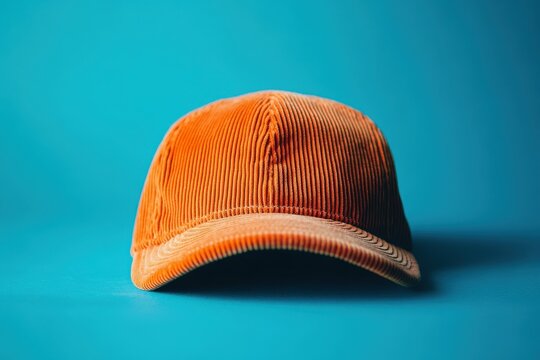 A corduroy baseball cap sits on a teal background.