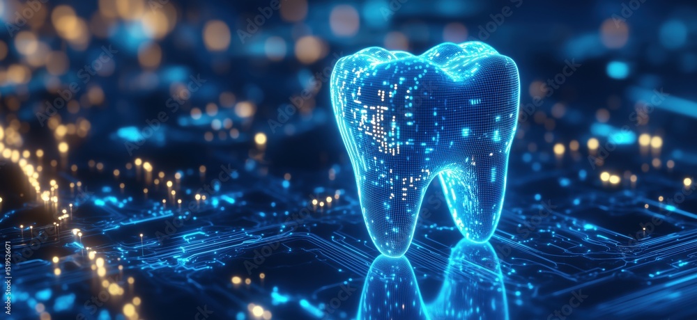 Poster digital tooth model glowing in futuristic technology environment with circuit patterns