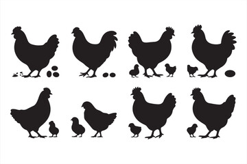 Silhouette Icons of Hens, Chicks, and Eggs for Farm and Nature Designs