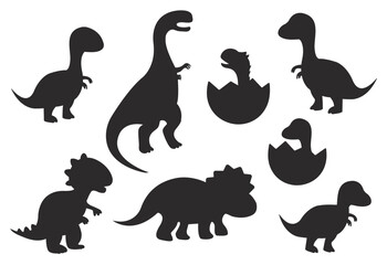 Cute Dinosaur Silhouettes Vector Set – Baby Dinosaurs and Dinosaur Eggs in Black Silhouette Style