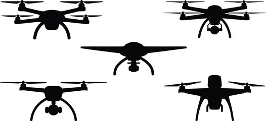 A collection of five drone silhouettes, each with varying designs, displayed against a white background