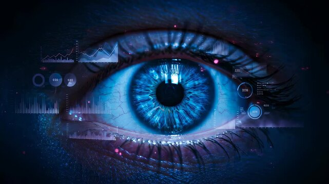 Close up of a woman eye with digital data overlay. Concept of surveillance, security, biometric identification, and future technology footage.
