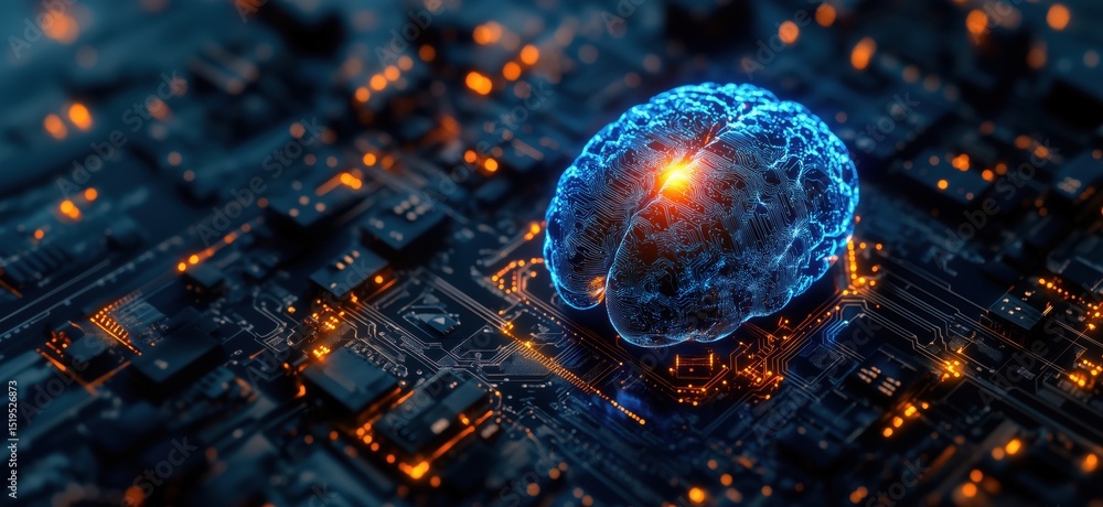 Poster artificial intelligence brain on circuit board with glowing connections and technology elements