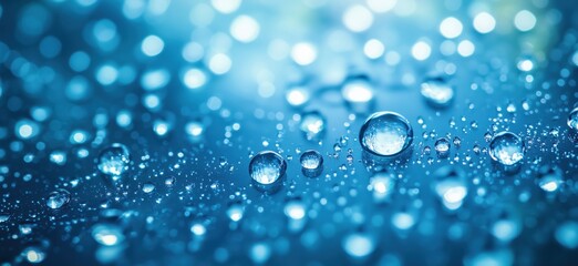 Close-up of water droplets on blue surface creating a serene and refreshing atmosphere