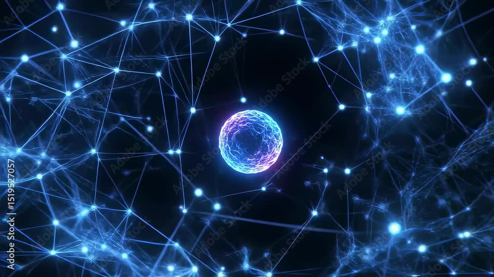 Poster blue glowing energy sphere with connected lines and nodes. abstract digital network and data transfe