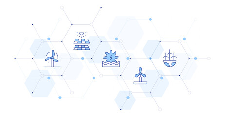 Renewable energy Banner Vector Illustration with Icon Style in Between. Line Duotone icon. Containing. wind power, solar panel, ocean energy, windmill, eolic energy © Blockfine