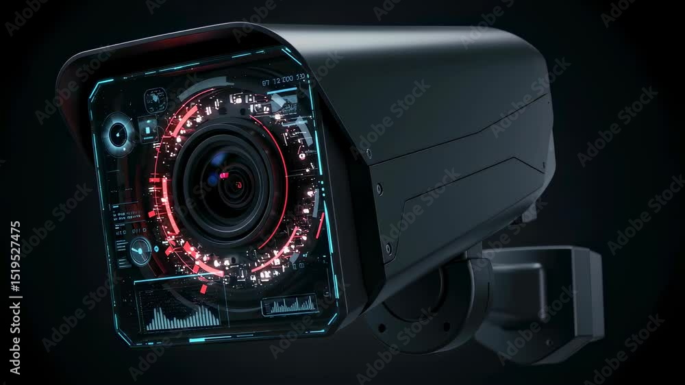 Poster modern security camera with digital interface. cctv camera with advanced smart analysis. safety surv