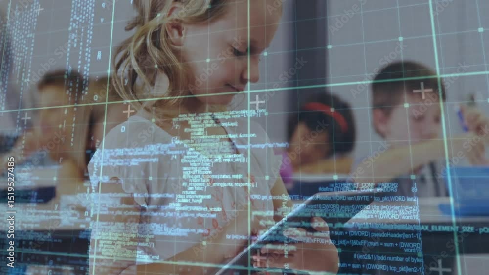 Poster female student tapping classroom tablet screen activating code overlay scanning grid, learning tech