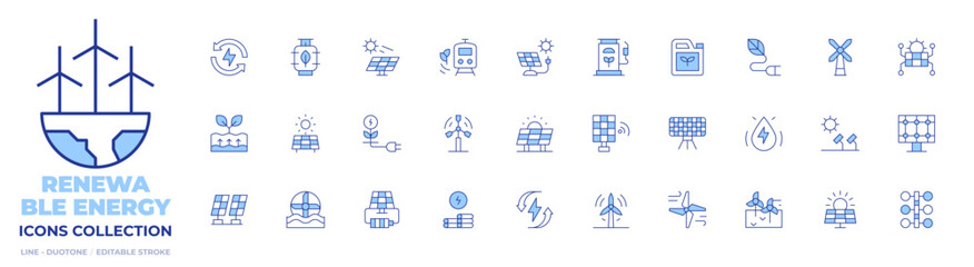 Renewable energy icons collection. Line Duotone style, editable stroke. geothermal energy, water mill, solar power, eolic energy, solar panel, renewable, eco energy, renewable energy
