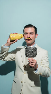 Man in a cream suit applying mustard as a mustache, using a hand mirror.