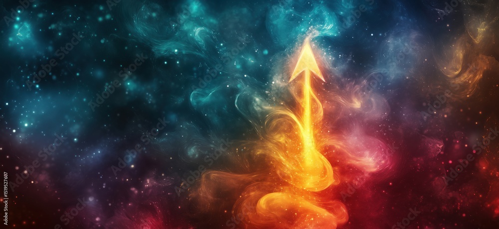 Poster abstract cosmic arrow pointing upwards in vibrant colors and swirling patterns