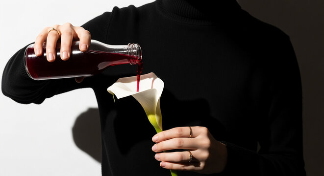 Pouring dark red liquid onto a white calla lily flower