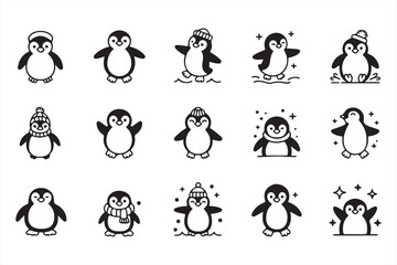 Snowy Penguin Illustrations with Winter Accessories and Cheerful Poses for Christmas Designs