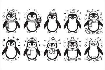 Playful Penguin Icons in Cozy Scarves and Hats for Winter Season and Holiday Themes