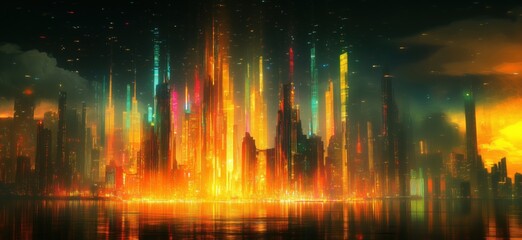 Fototapeta premium Futuristic city skyline illuminated by vibrant neon lights at sunset