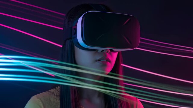 Young woman wearing virtual reality headset. Metaverse technology, digital gaming, and futuristic entertainment concept footage.