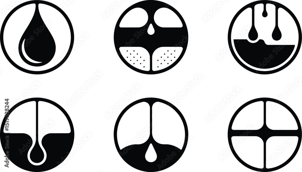 Poster a collection of six black and white circular icons displaying various liquid or fluid concepts