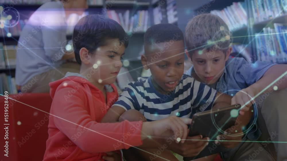 Poster three boys tapping tablet in library exploring technology nodes and lines moving around screen
