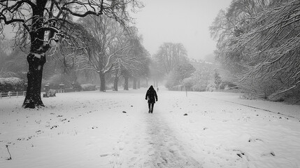 Solitary Walk: Winter Landscape, Black and White, Stock Photo.