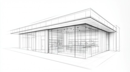 Modern architectural sketch of a sleek retail space designed with large glass features and minimalist aesthetics