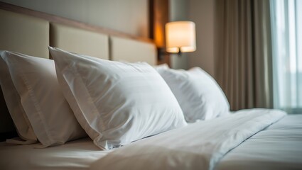Close up of luxurious hotel bed with white pillows and duvet
