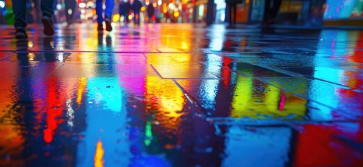 Fototapeta premium Vibrant city street reflections at night with colorful lights and wet pavement