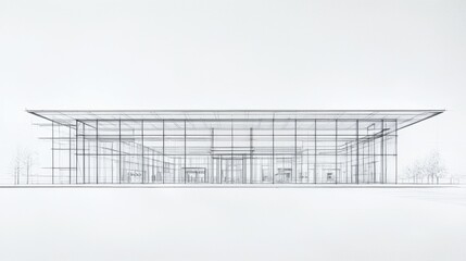 Architectural drawing of a modern structure showcasing minimalist design with open space and large glass elements
