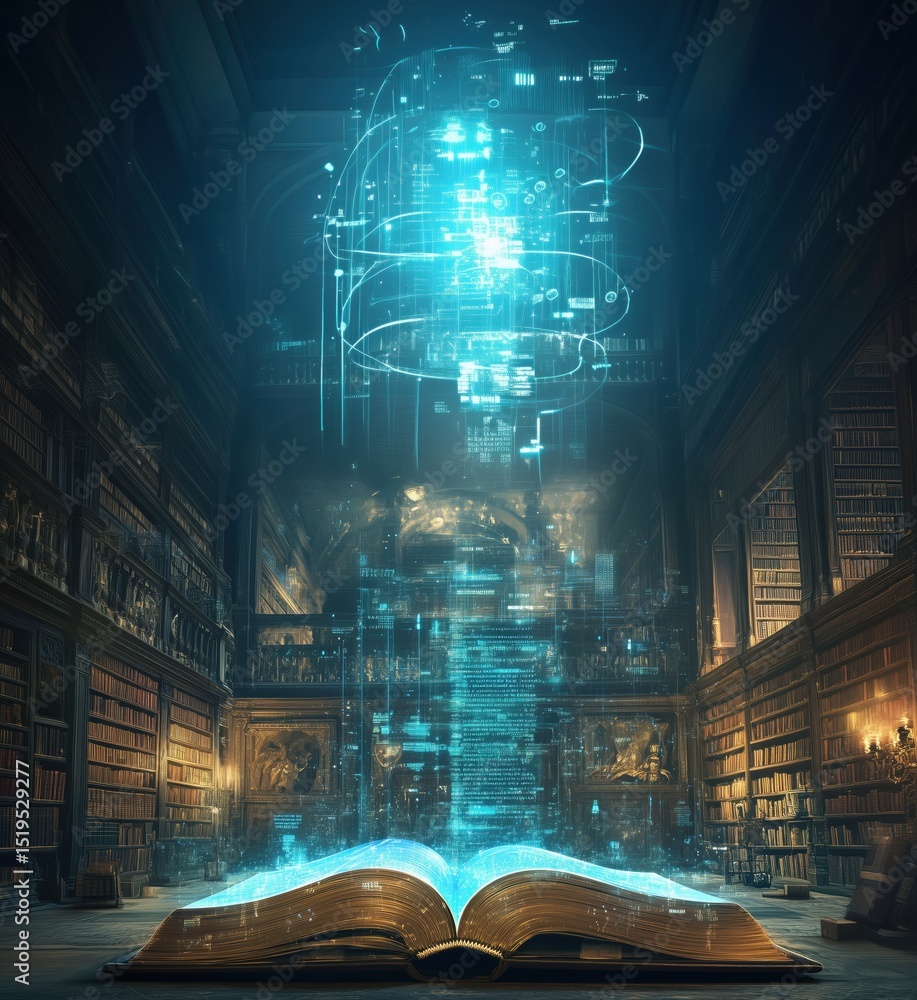Poster magical library with floating digital data above an open book in a grand setting