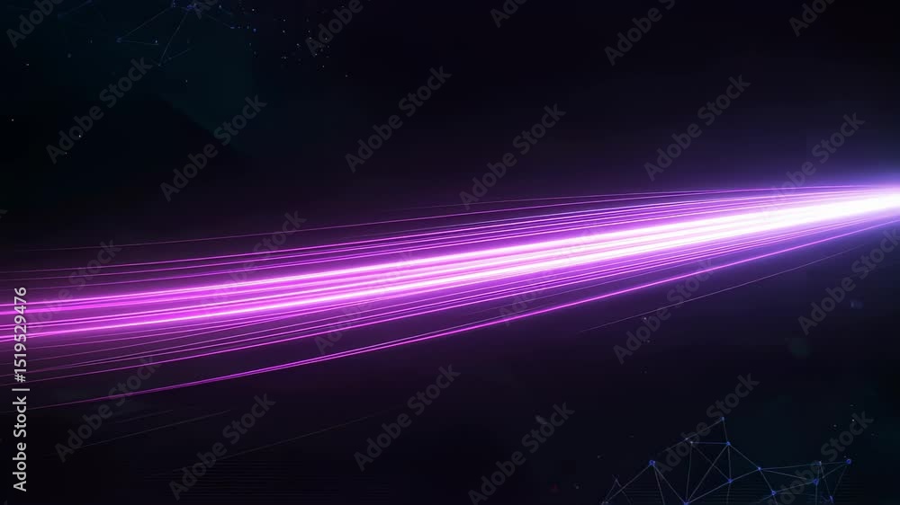 Poster purple light beam traveling fast through digital tunnel with connecting lines and dots. high speed d