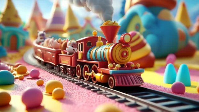 Enchanting toy train journey through a whimsical candy land, vibrant and playful