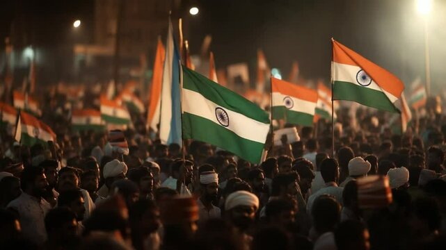 Celebrating national pride: Vibrant crowd waving Indian flags in a powerful display