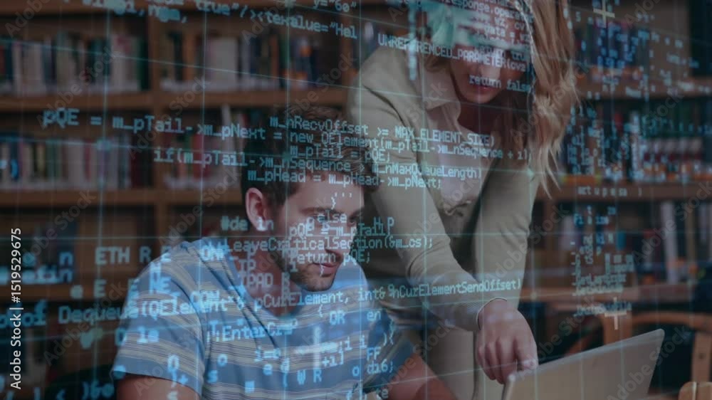 Poster tech student stopping typing after instructor pointing code overlay for debugging errors