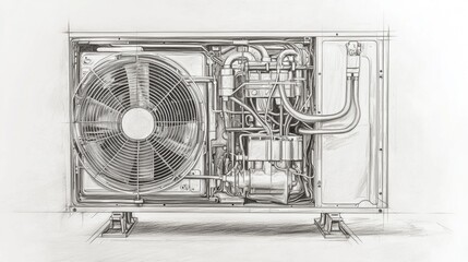 Detailed sketch of an air conditioning unit showcasing intricate components and design elements