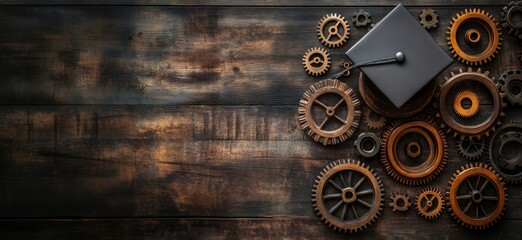 Graduation cap surrounded by gears on wooden background symbolizing education and industry