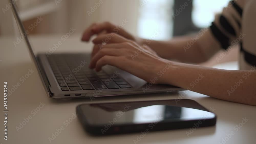 Poster the image shows a closeup of hands typing on a laptop, with a smartphone on the desk, highlighting t