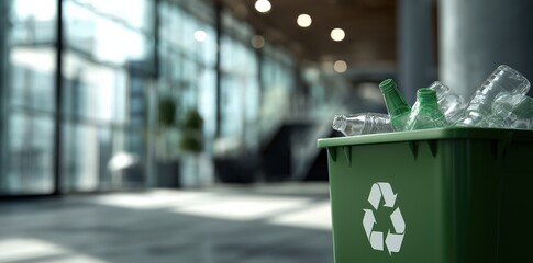 Green recycling bin filled with plastic bottles stands prominently in modern, well lit interior space, emphasizing importance of sustainability and waste management