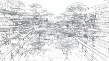 Obraz premium Modern architectural design showcases intricate building layouts and lush greenery in a vibrant urban space during daylight