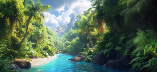Tropical paradise with lush greenery and serene river flowing through mountains