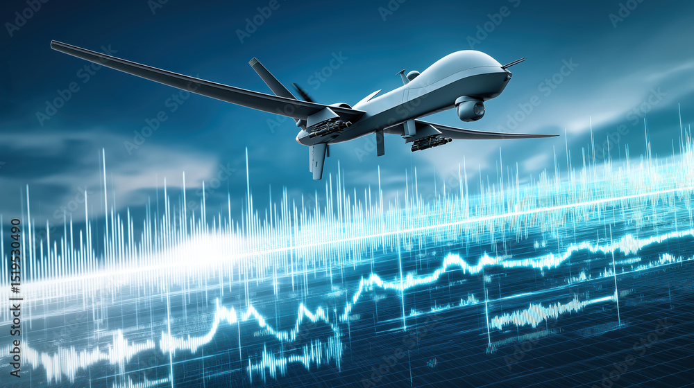 Poster military drone in flight with data streams showcasing advanced technology and high fidelity. scene c