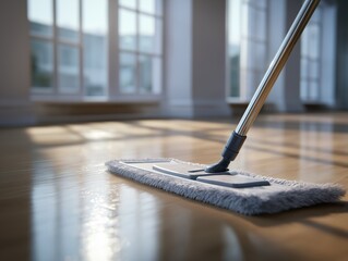 Mop cleaning shiny wooden floor in bright room with large windows, creating serene and fresh atmosphere. sunlight enhances beauty of polished surface, evoking sense of cleanliness and order