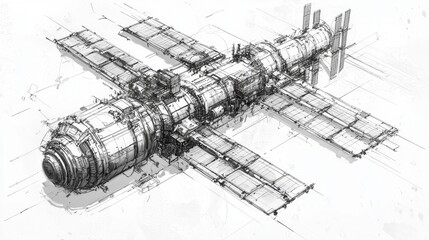 Obraz premium Conceptual drawing of a futuristic space station design featuring intricate structures and modules