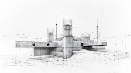 Fototapeta premium Modern architectural design of a unique concrete structure with domes and towers set against a simple background